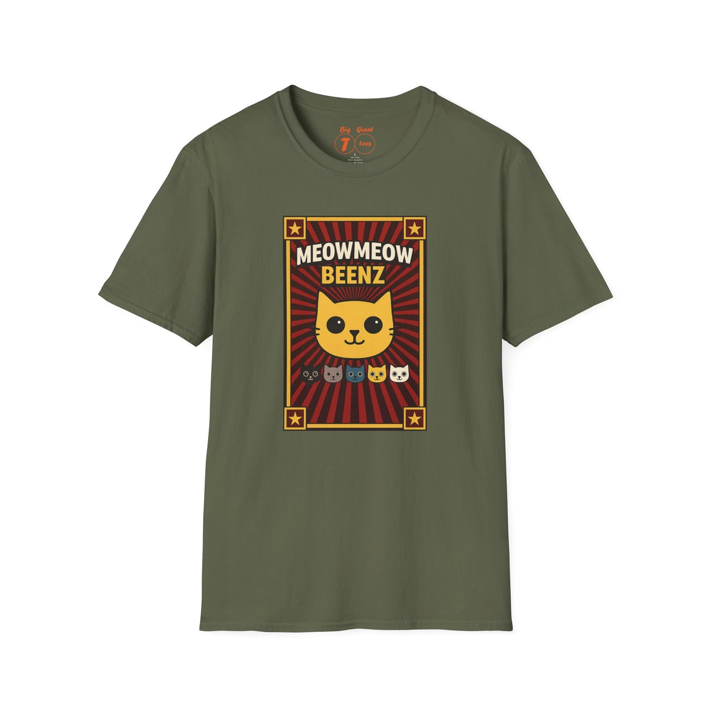 Military Green "“MeowMeowBeenz” t-shirt with a white background