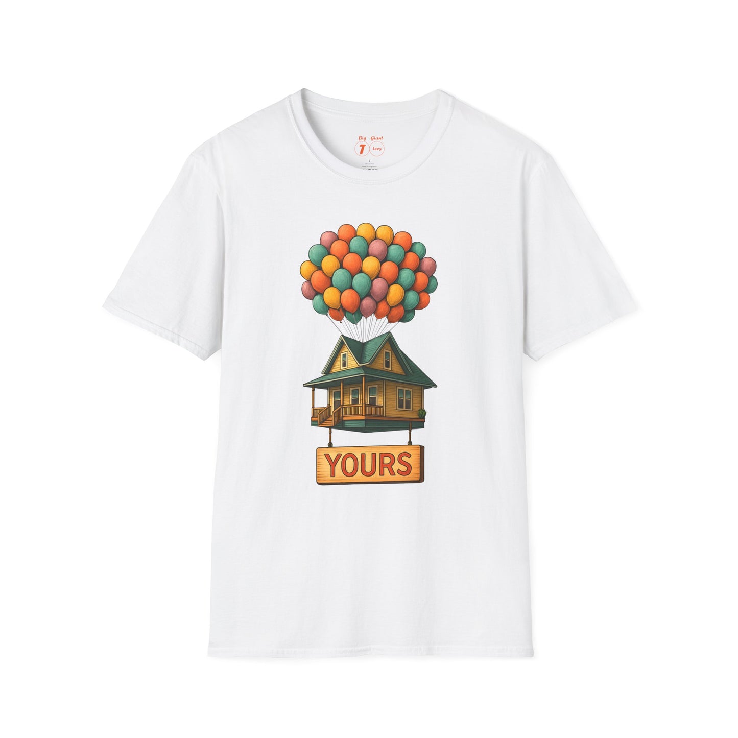 White t-shirt with a colorful house and balloon design on a white background