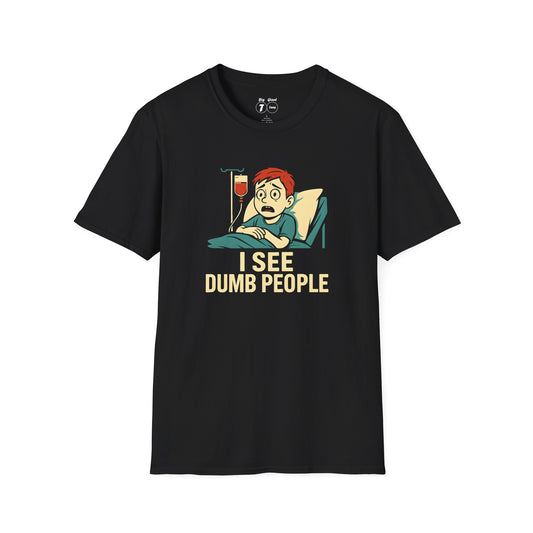 Black “I See Dumb People” t-shirt flat on plain background.