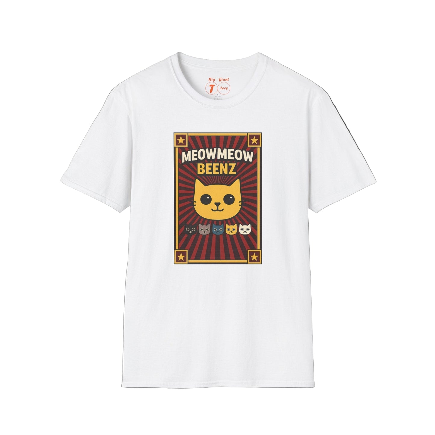 White t-shirt with “MeowMeowBeenz” print on a white background