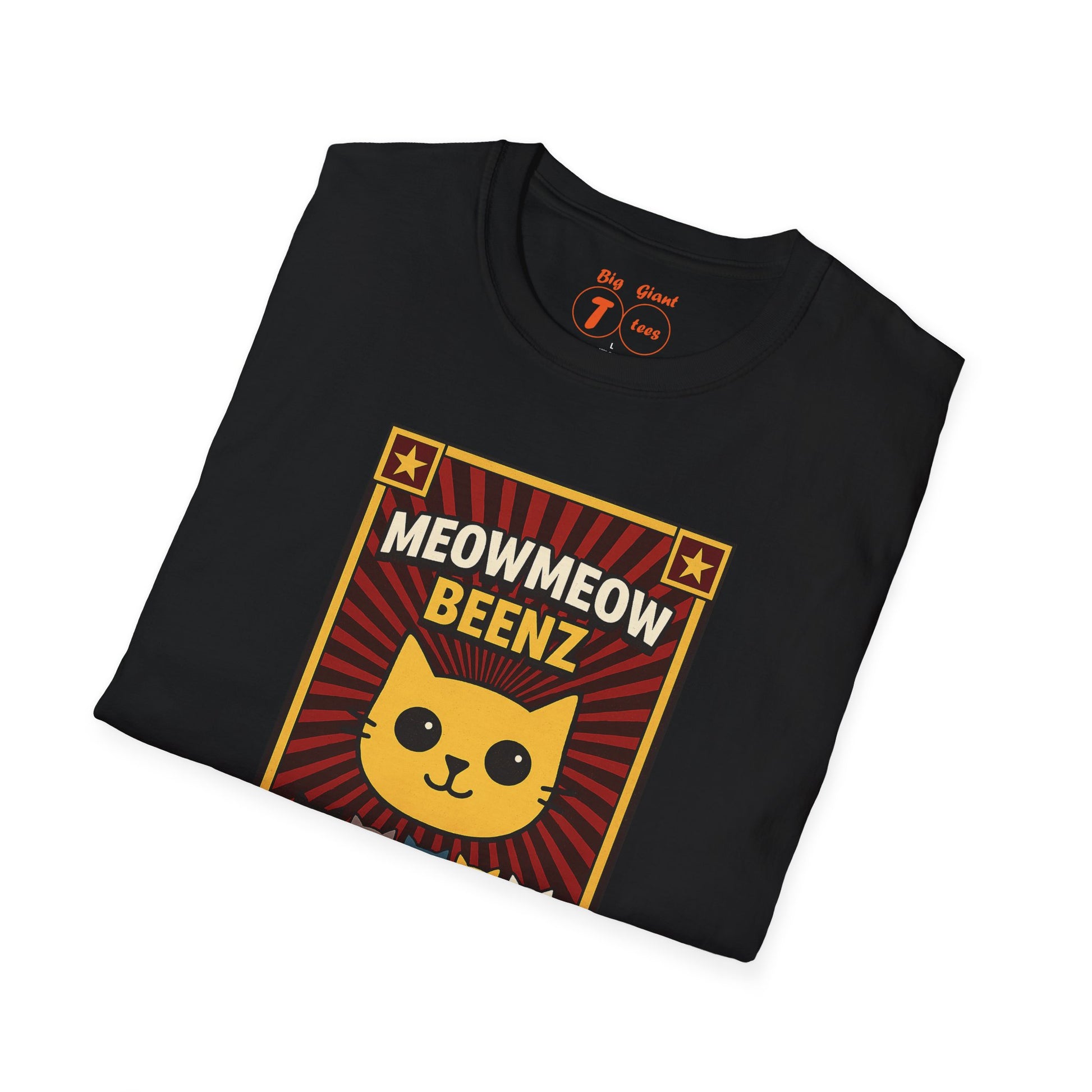 Folded black unisex t-shirt with the “MeowMeowBeenz” text visible.