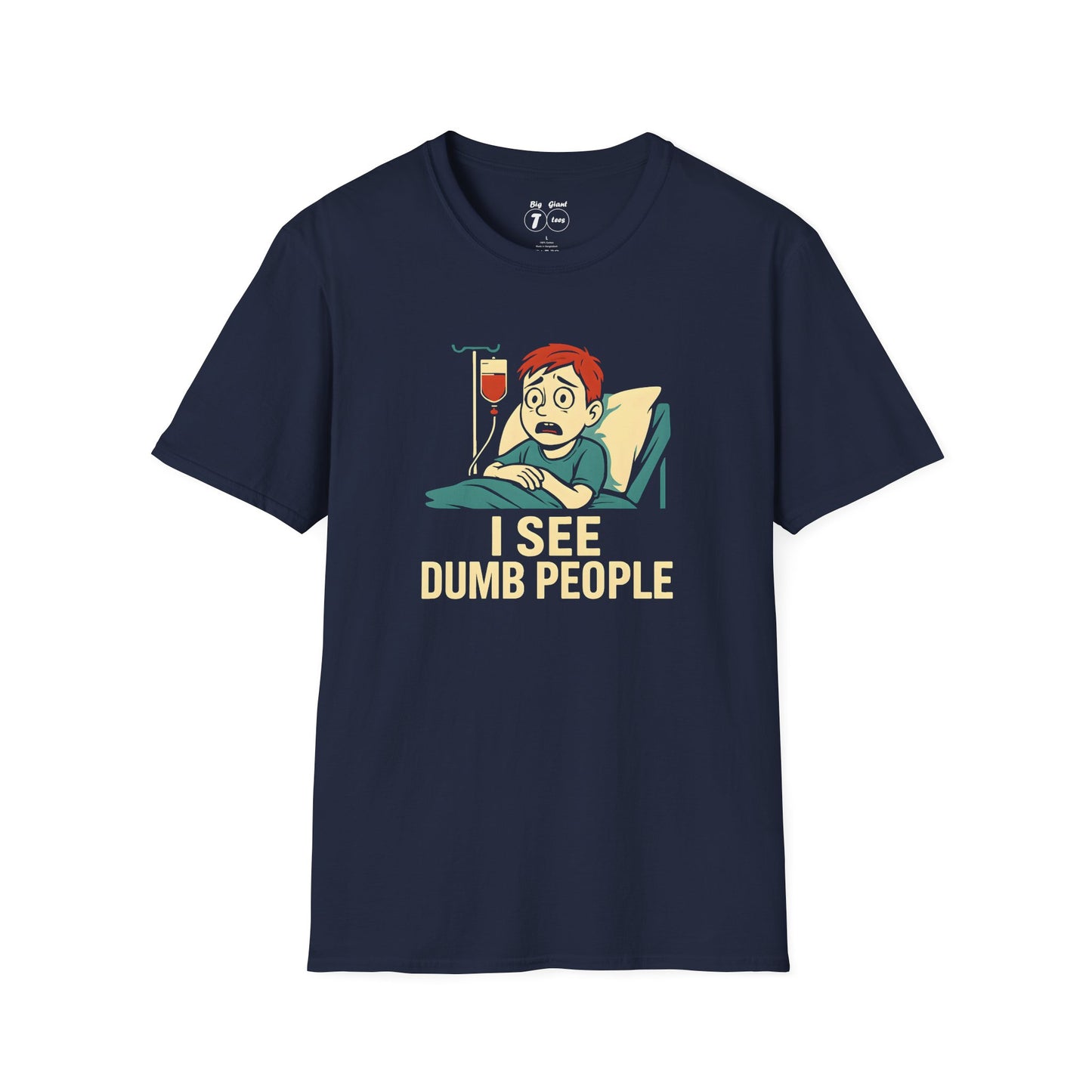 Navy “I See Dumb People” graphic tee on a white background.