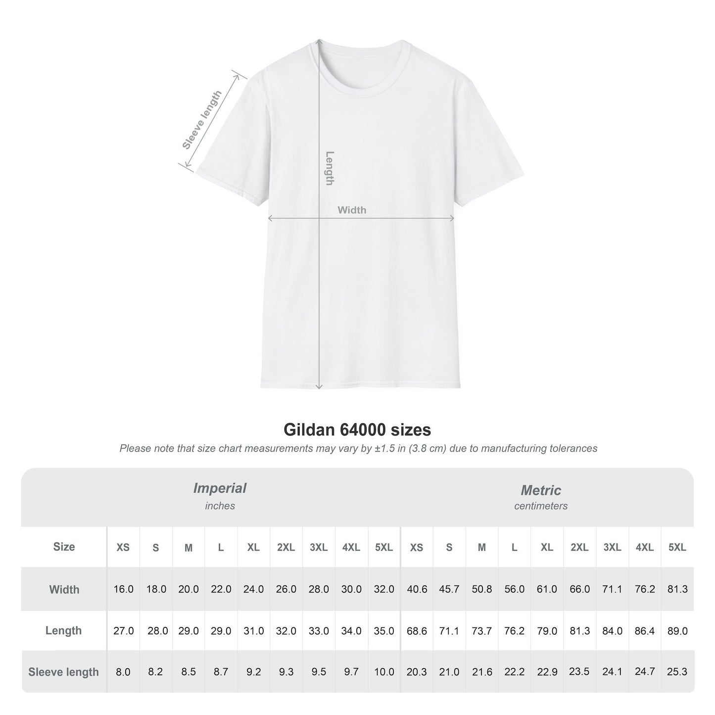 Unisex tee size chart small to 3XL.