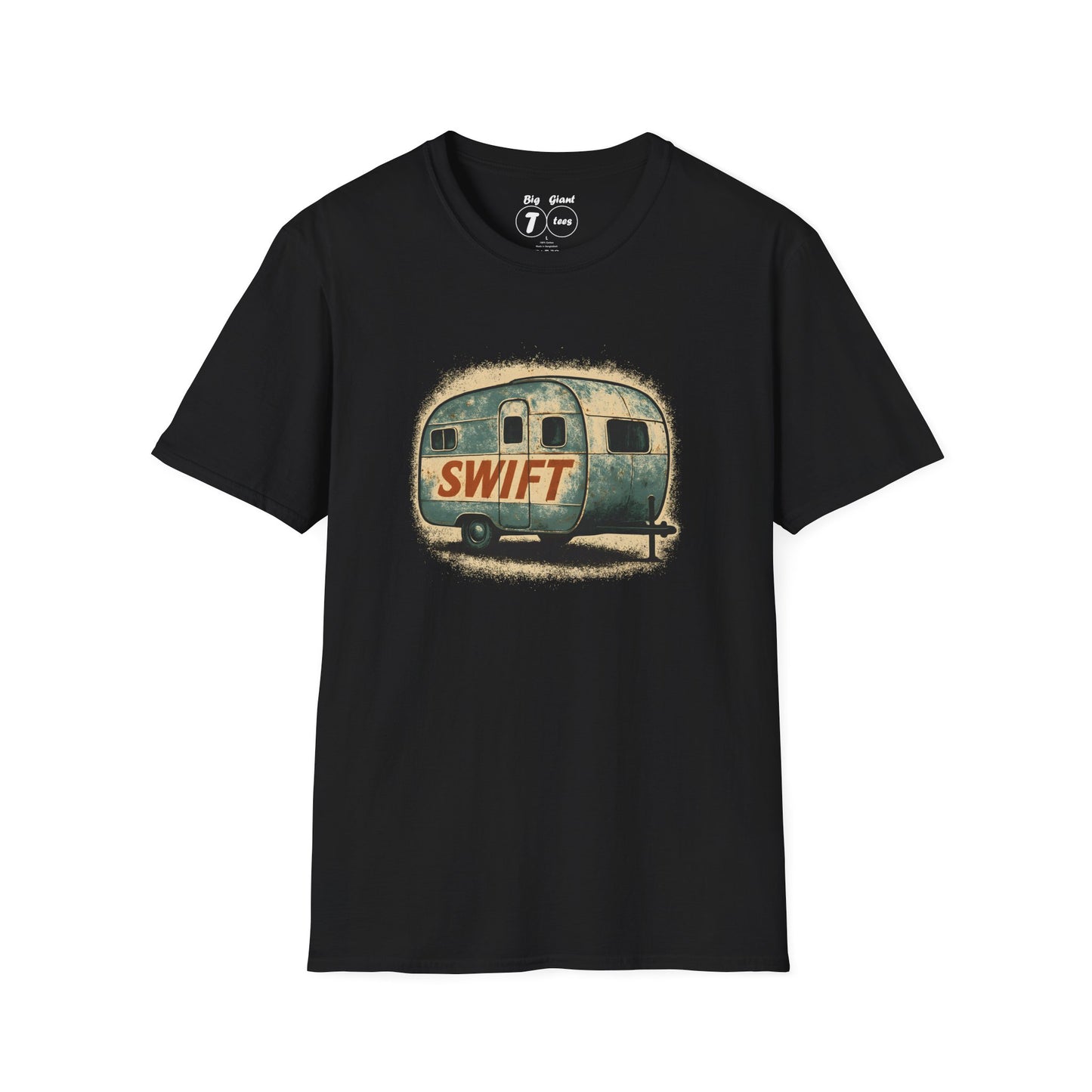 Black unisex tee displaying “Trailer Swift” text design on a neutral background.
