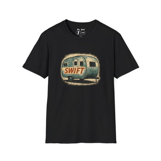 Black unisex tee displaying “Trailer Swift” text design on a neutral background.