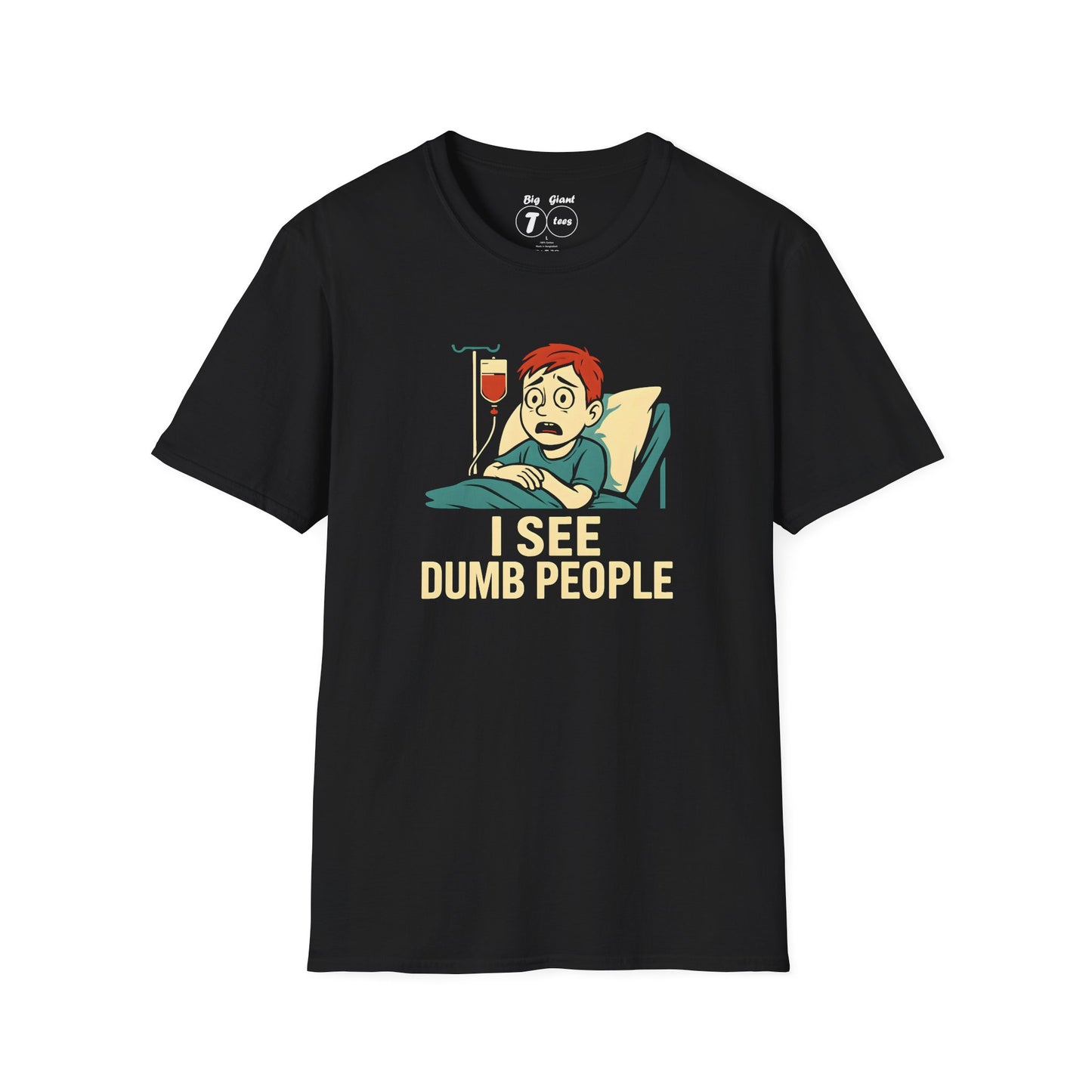 Black “I See Dumb People” t-shirt flat on plain background.