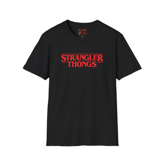 Black unisex “Strangler Thongs” tee shown flat.