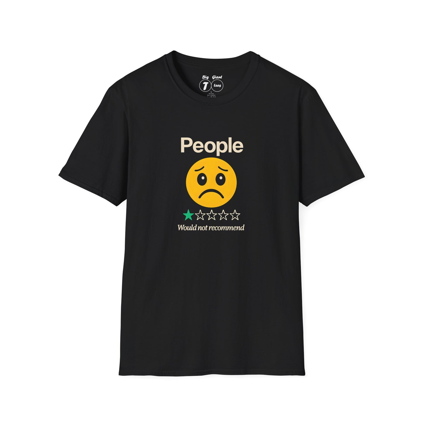 Black unisex tee with “People 1 Star” joke design displayed flat.